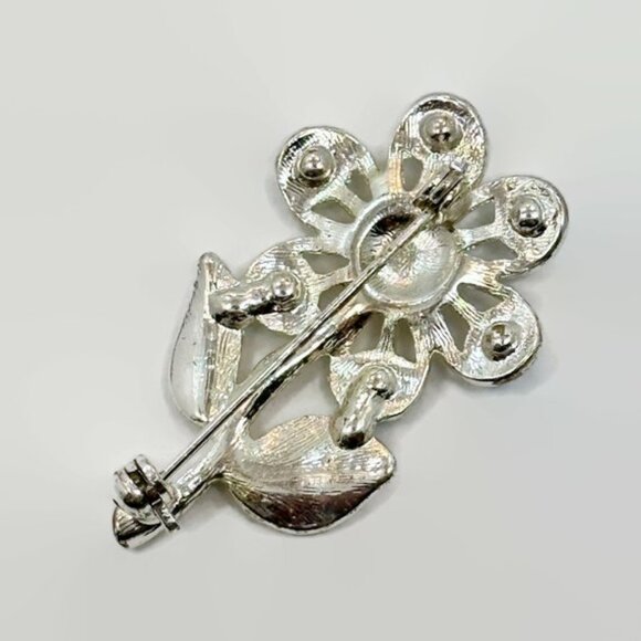Flower Brooch, Silver Metal, Rhinestones, Daisy, Blue, AB, 70s, 60s, Vintage Pin - Picture 3 of 3